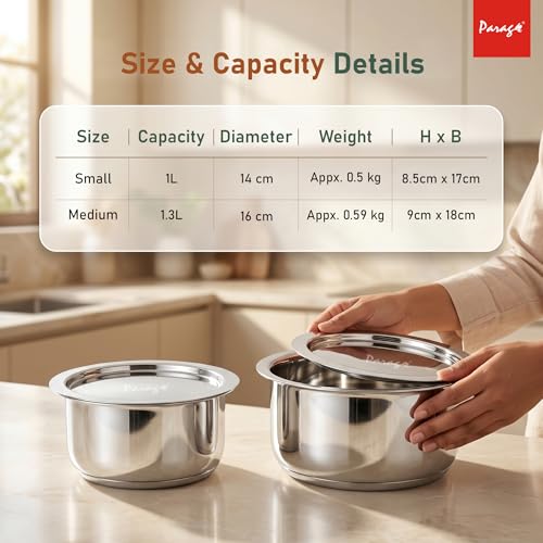 Image of Parage 2 Pieces Tri-Bond Stainless Steel Tope Set with Lid, 1 L, 1.3 L, Tri-Ply Bottom Patila, Bhagona /Bhigona Set for Gas & Induction Compatible, Boiling Cooking Pots (Size No. 11, 12)