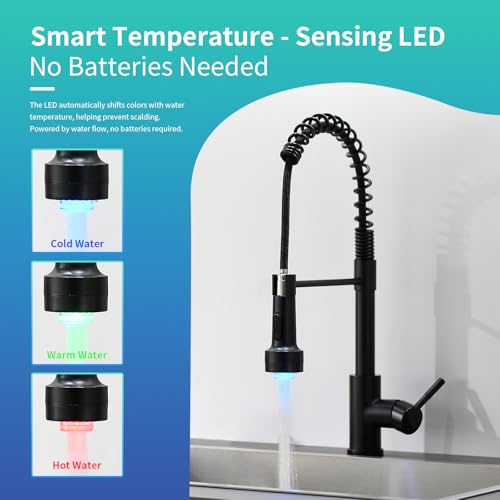 Image of GIMILI Commercial Kitchen Sink Faucet,Single Handle Solid Brass Pull Down Sprayer Spring Matte Black Kitchen Faucet with LED Light