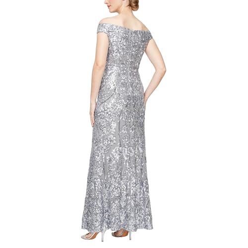 Image of Alex Evenings Women's Long Off The Shoulder Gown with Front Slit and Maribou Detail, Formal Party Dress