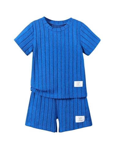 Image of SHENHE Boy's 2 Piece Ribbed Outfits Crew Neck Short Sleeve Tee Top and Track Shorts Set Royal Blue 5Y