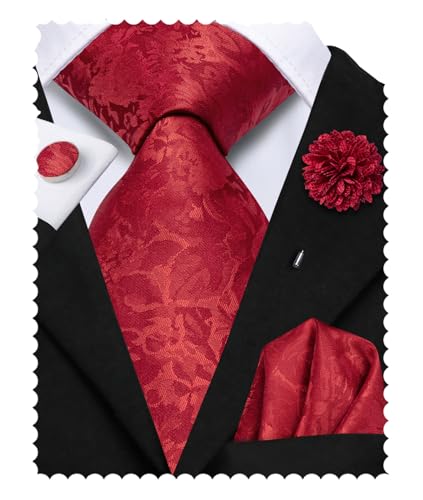 Image of Hi-Tie Mens Red Flower Ties Set Classic Woven Necktie Lapel Pin Pocket Square Cufflinks Sets Formal Business Wedding