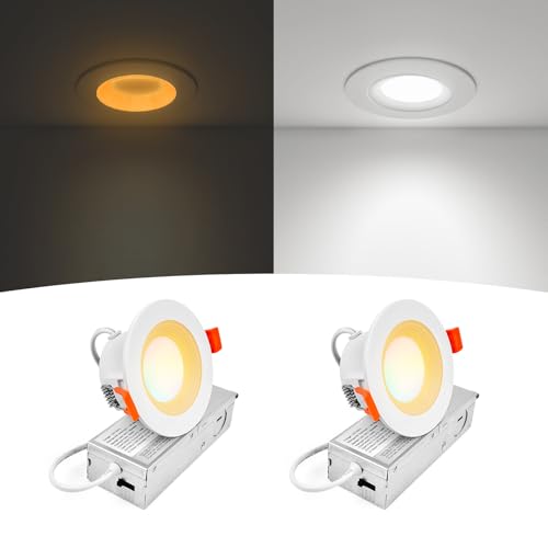 Comiled 3 Inch Anti-Glare Recessed LED Lights with Night Light Deep Baffle Downlight Dimmable 2700K-5000K 5CCT Selectable with Junction Box Canless 680lm ETL Listed White 2-Pack