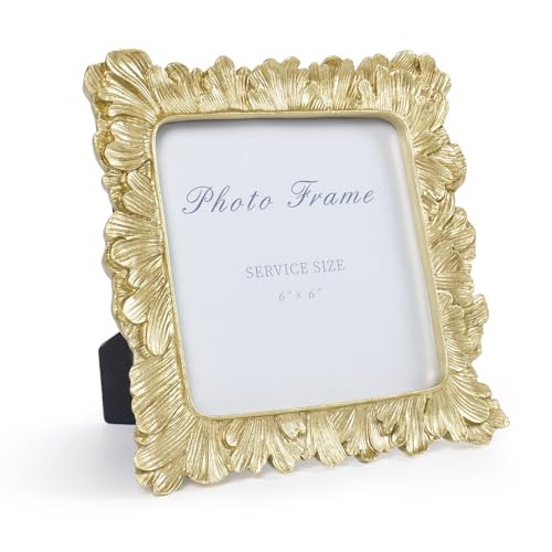 6x6 Gold Picture Frame, Vintage Gold Palm Leaves Textured Hand-Crafted Resin Frames with Glass Front, Retro Square Photo Frame for Wall and Tabletop Display Home Decor