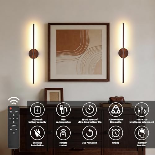 Image of Wall Sconces Battery Operated Set of Two, Faux Walnut Finish Wall Light with Remote Control 350 Rotate, 27.6 Inch Dimmable USB Rechargeable Wall Lamp for Living Room Bedroom Hallway