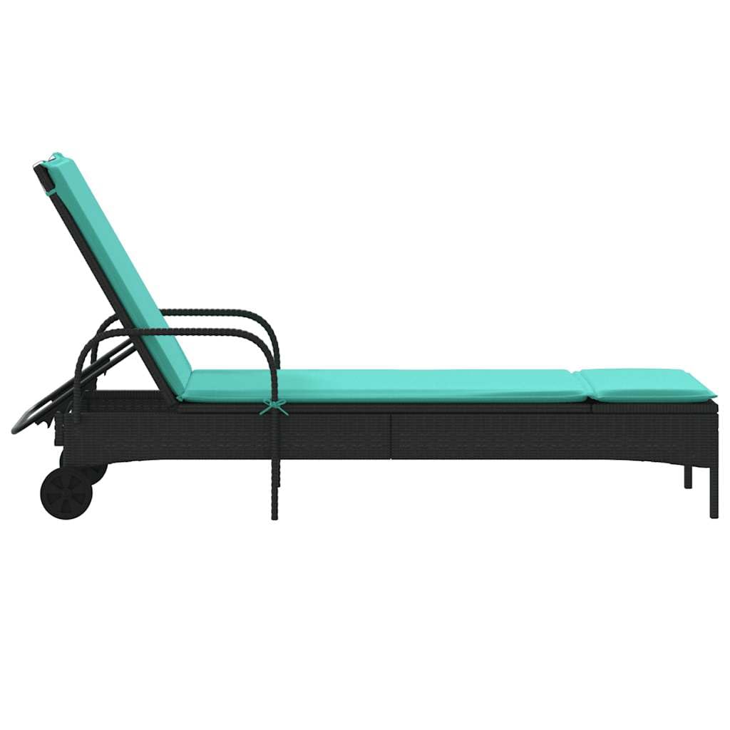 Lettino prendisole con ruote, lettino da giardino in polyrattan con schienale regolabile e comodo cuscino, mobili da giardino per terrazza e balcone, 61 x 200 cm, nero/turchese