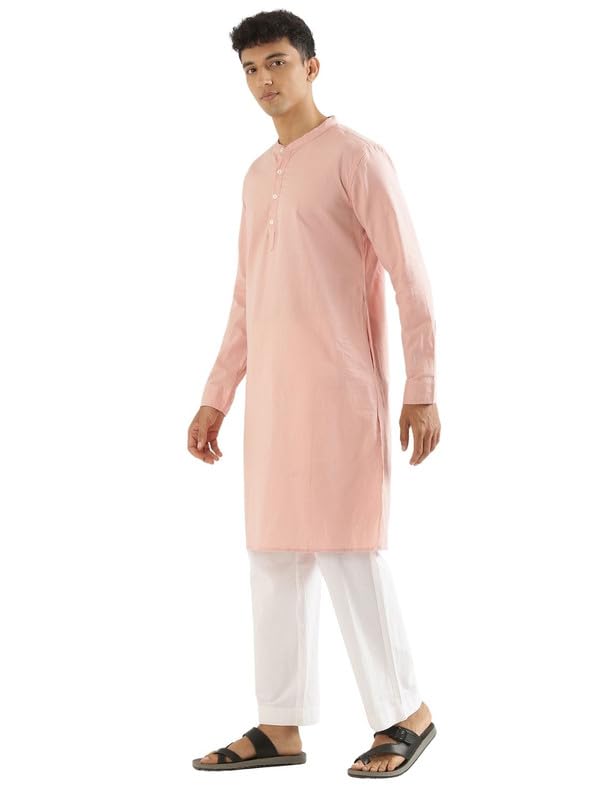 Image of SAADAA Men's Long Kurta - Linen Cotton Blend, Airy Fabric, Regular Fit, Mandarin Collar, Solid Color - Casual, Festive & Ethnic Wear