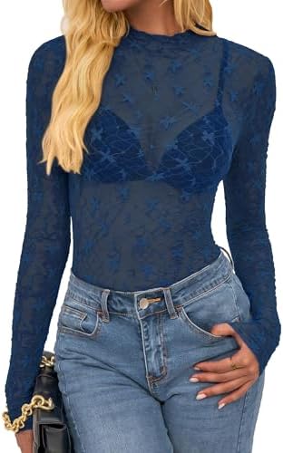 BTFBM Lace Tops for Women 2025 See Through Mesh Top Crew Neck Long Sleeve Fitted Sheer Party Club Outfits Fall Fashion