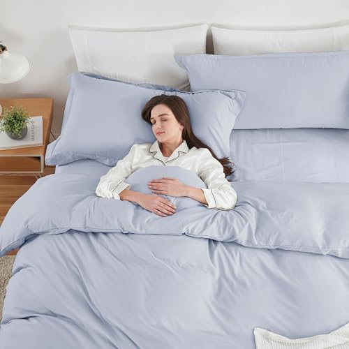 Image of Hearth & Harbor Ice Blue Duvet Cover with Fitted Sheet Twin Size | 3 Piece Soft Double Brushed Bedding Set, Button Closure, 1 Duvet Cover 68x90 Inches, 1 Fitted Sheet, 1 Pillow Sham