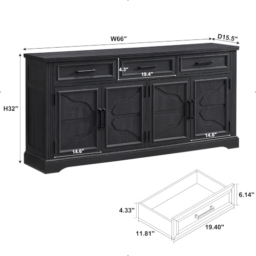 Image of JXQTLINGMU 66 inch Farmhouse Buffet Cabinet with Storage, Sideboard Credenza, Carved Cloud-Inspired Doors, 3 Drawers & Adjustable Shelves, Coffee Bar Cabinet, Black