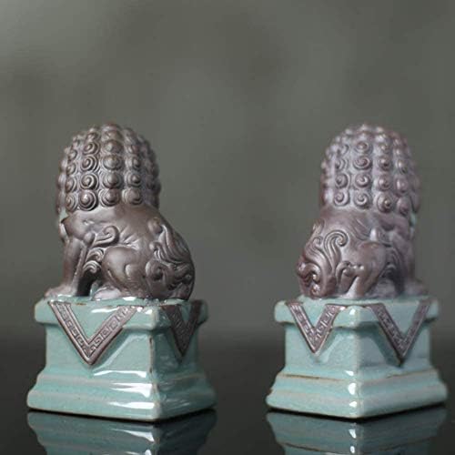 ZHIRCEKE Feng Shui Wealth Figurine Statue Leone Porsperity Pair of Fu Dogs Foo Ceramic Sculpture Sand Violet Ornaments, Best Congratulatory Housewarming Gift Set