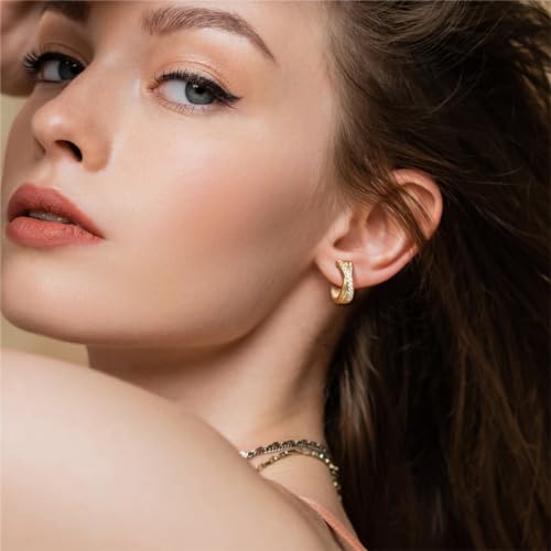 14K Gold Hoop Earrings 14K Gold Earrings for Women Thick Small Diamond Hoop Earring X-shaped Hoops Earring for Women 17MM4