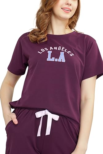 Image of ZEYO - Women's Cotton Typography Printed Night Suit Pajama Set of Top & Shorts