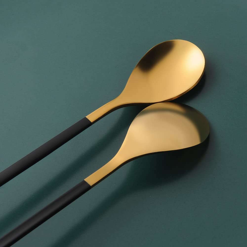 AnSaw 6 cucharillas elegantes de hoja negra y dorada con mango largo, cucharas de acero inoxidable de 7.4 pulgadas para café y té, perfectas para mezclar y remover
