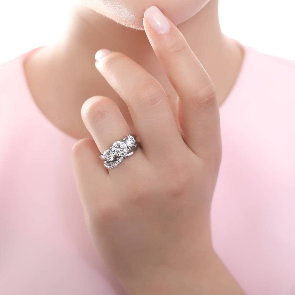 Juego de anillos de compromiso de boda de plata de ley con 3 piedras, 2 quilates, corte redondo, circonita cúbica, infinito, para mujer, chapado en rodio, Plata de ley Circonia cúbica 6