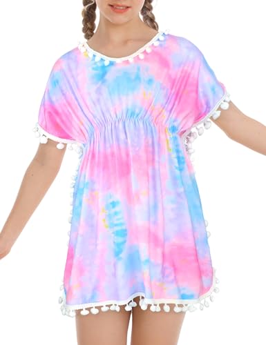 Nokecina Girls Swim Cover Up Size 8-9 Years Old Kids Pink Purple Tie Dye Short Sleeve Summer Beach Coverups