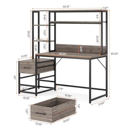 Image of Tribesigns 55 Inch Computer Desk with 2 Drawers and Storage Shelves, Rustic Office Desk with Hutch, Study Writing Gaming Table Laptop Workstation for Home Office (Grey)