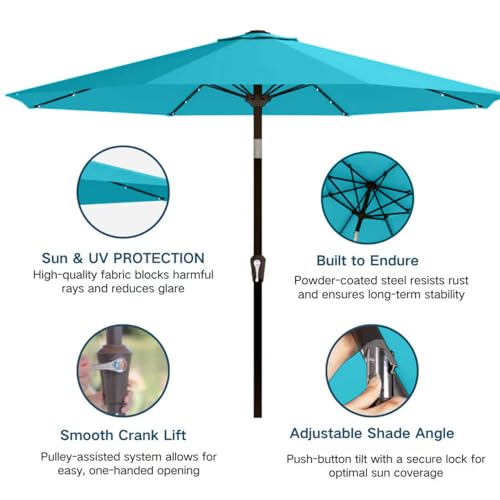 Image of 9' Solar LED Patio Umbrella with Tilt & Crank|8 Sturdy Ribs,UV Protection,Outdoor Market Table Umbrella for Deck,Lawn,Pool,Backyard(Light Blue)