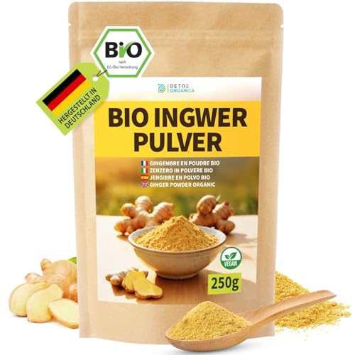 Detox Organica Ingwerpulver Bio 250g, 100% reiner Ingwer gemahlen, Ingwerwurzel schonend getrocknet und fein vermahlen, Ingwertee Ingwerwasser Smoothies und zum Kochen, Ginger Powder