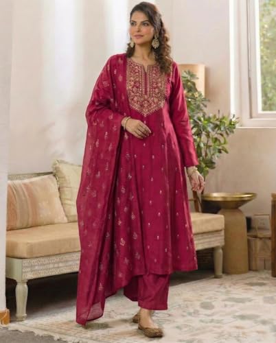Image of ANNI Designer Women's Viscose Straight Printed Embroidery Kurta with Pant & Dupatta | Long Sleeve Ethnic Kurta Set for Women | Casual Office, Daily, Party Outfits