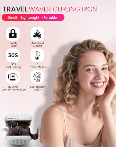 Image of Ukliss Travel Mini Waver Hair Tool Crimper for Women 0.4 inch Small Double Barrel S Waver Curling Iron Dual Voltage (110-240V) with European Plug Adapter, 5 Temps, Anti-scalding, Auto-Off (White)