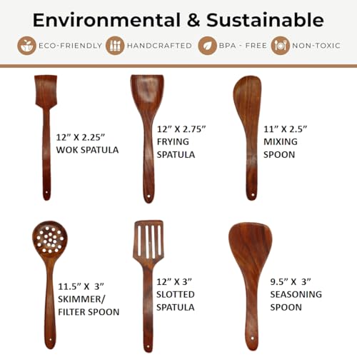 Image of Premium Wooden Cooking Spoon & Spatula | Natural Sheesham Wood (Indian Rosewood), Non-Stick Safe, Heat Resistant Kitchen Tools for Roti, Sabzi, Frying & Serving (Set of 6)
