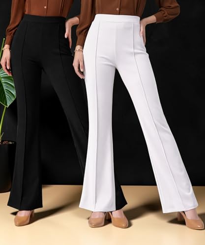 Image of Women Solid Flared Trousers Pack of 2 | High Waist Stretchable Office Pants for Women | Formal Bell Bottom Palazzo Trouser Combo