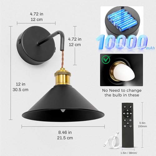 Image of DORESshop Battery Operated Wall Sconce Set of 2, 10000mAh Gold & Black Wireless Rechargeable Wall Lights, Hanging Wire Wall Sconce, 9 Adjustable Sconces Wall Decor for Bedroom Living Room Hallway