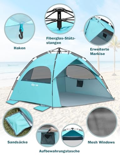Glymnis Strandmuschel Quick Up Strandzelt Automatisches Strand Zelt UV-Schutz 50+ Windschutz kleines Packmaß Blau Strandzelt für 4 bis 6 Personen