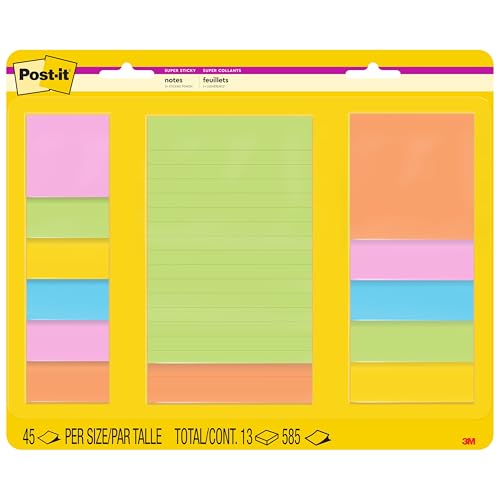 Post-it Super Sticky Notes, Assorted Sizes, 13 Pads, 2X The Sticking Power,Energy Boost Collection, Bright Colors (Orange, Pink, Blue, Green), Recyclable (4623-13SSAU)