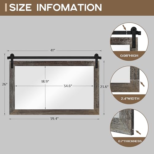 Image of COGOOD Farmhouse Barn Door Mirror - 41 inch x 26 inch Rustic Wood Framed Wall Mirror for Bathroom, Living Room, Entryway Wall Decor (Speckled White)