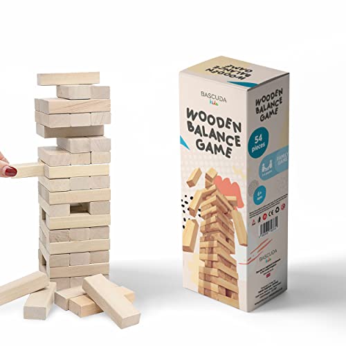 Bascuda Stapelturm Holz - Holzklötze Wackelturm Holz Stapelspiel - Familienspiel aus Holz mit 54 Teilen Geeignet ab 3 Jahren - 7 x 7 x 25 cm Cover