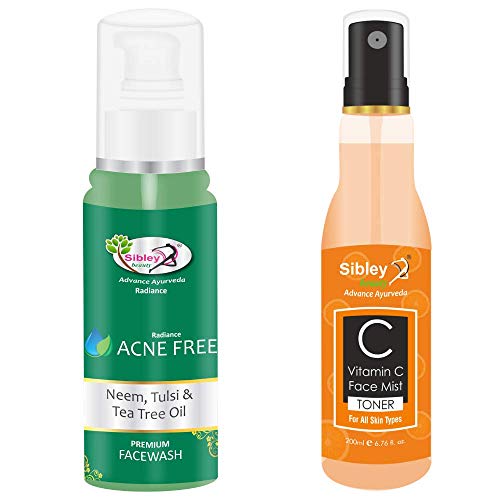 Sibley Beauty Neem Tulsi Tea Tree Oil Acne Face Wash (1 x 150 ml) + Vitamin C Face Spray Mist Toner (1 x 200 ml) – Pack of 2 – oily dry normal combination skin, men women girls boys.