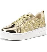 HEEZ Womens Platform Sneakers Fashion Star Tennis Shoes Lace Up Glitter Comfortable Walking Shoes