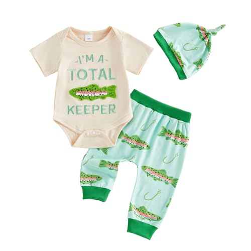 Muasaaluxi Newborn Baby Boy Clothes 0 3 6 12 18 Months Short Sleeve Fish Embroidery Romper Long Pants Hat Summer Outfit (Apricot 0-3 Months)