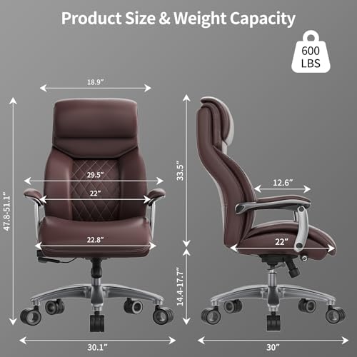 Image of Big and Tall Office Chair with Wide Area Armrest, 600lbs Heavy Duty Desk Chair with Adjustable Lumbar Support, PU Leather High Back Ergonomic Executive Computer Chair with 3'' Silent Casters