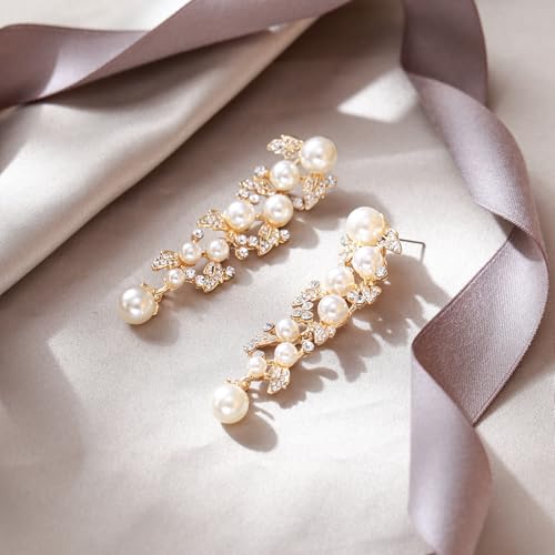EVER FAITH Women's Austrian Crystal Simulated Pearl Bridal Leaf Dangle Earrings4