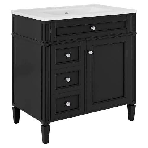 Image of Merax 30 Inch Bathroom Vanity with Sink Set, Modern Bathroom Vanity Storage Cabinet with Matching Mirror Medicine Cabinet, Solid Wood Frame,Painted Finish, 2 Drawers and 1 Tip-Out Drawer, Black