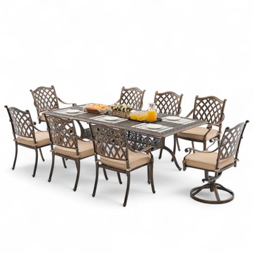 9 Piece Cast Aluminum Outdoor Dining Set, Retro Patio Dining Furniture Set for 8 Includes 86” Table 2 Swivel & 6 Stackable Lattice Chairs with Cushions and 2“ Umbrella Hole for Porch Poolside Garden