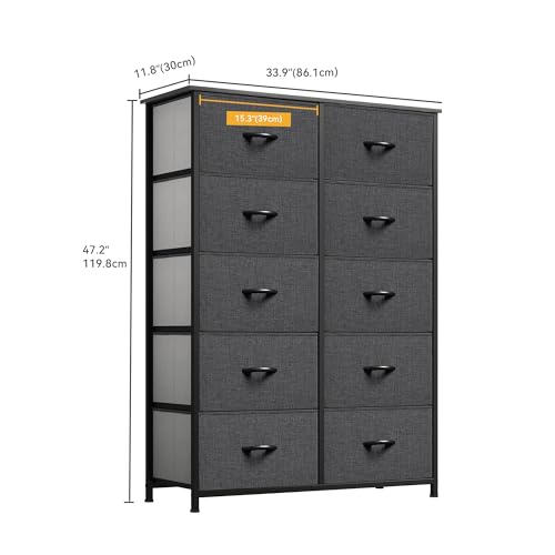 DWVO 10 Drawer Dresser - Fabric Storage Tower, Organizer Unit for Bedroom, Living Room, Hallway, Closets - Sturdy Steel Frame, Wooden Top & Easy Pull Fabric Bins