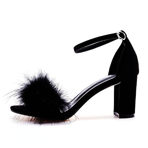 3 Inches Women's Ankle Strap Fluffy Feather Ankle Strap Block Heels Sandals Open Toe Party Evening High Heel Pump Shoes4