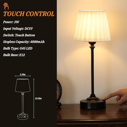 Image of Cordless Table Lamps Rechargeable Set - 2 Pack Black 4000mAH Battery Operated Lamps for Decor, 3000K Stepless Dimming Touch Control Wireless Lamps for Bedroom, Dining Table, Living Room, White Shade