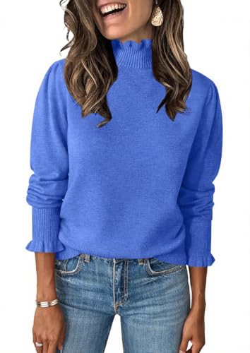 Image of Womens Ruffle Mock Neck Sweater Puff Long Sleeve Fall Trendy Pullover Tops | Fall Winter Clothes, Soft, Business Casual Outfits, Trendy Fashion, Knitted Shirts