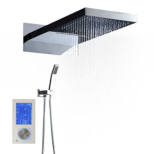 Cascada 9"x22" Sistema de Ducha Veneto Montado en Pared con Pantalla Touch LCD, 3 Modos (Lluvia, Cascada y Mano) color Oro Rosa