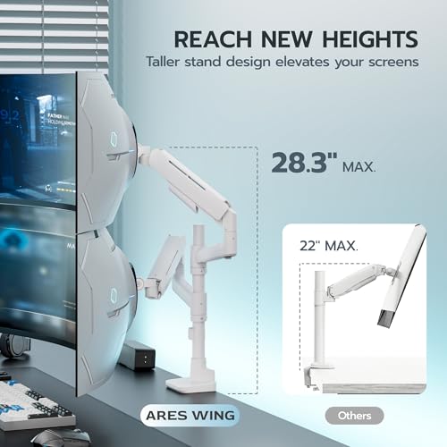 Image of ARES WING Dual Monitor Mount for 17-49 Inch Ultrawide Heavy Duty Curved Screen, Computer Monitor Arm Desk Mount, Gas Spring Adjustable Vesa Stand, White