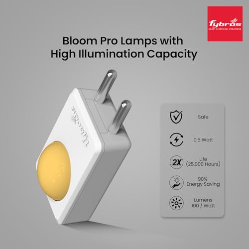 Image of FYBROS Bloom Pro LED Night Lamp | 0.5W | Yellow Light | Indirect Lighting | 2-Pin Plug | Energy Efficient | Low Power Consumption | Ideal for Bedroom, Kids Room, Hallway | Pack of 1