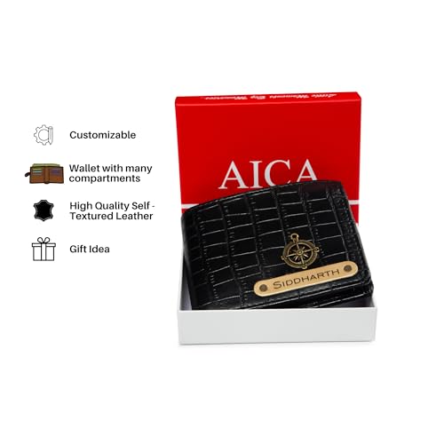 Image of AICA Personalised Name & Charm Leather Mens Wallets (Black) |Purse for Men Wallet | Gift for Man| Customized Wallets for Men |Rakhi Set Raksha bandhan Gift for Brother | Rakhi Gift Hamper for Brother
