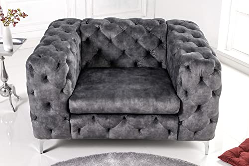 Chesterfield Sessel MODERN BAROCK - 120cm - dunkelgrau Silber - Samt Metall - Armlehnsessel Federkern Ziersteppung rechteckig – Bild 3