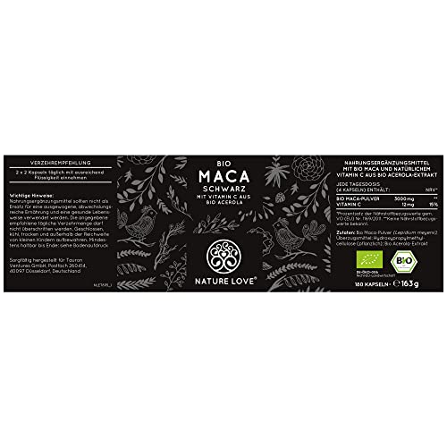 NATURE LOVE® Bio Maca Kapseln (schwarz) - 3000mg je Tagesdosis - 180 Kapseln - Mit natürlichem Vitamin C - Ohne Magnesiumstearat, Zertifiziert Bio, hochdosiert, vegan, in Deutschland produziert – Bild 6