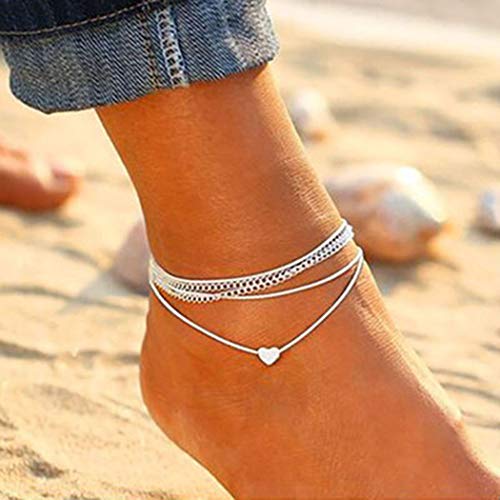 Jovono Boho Heart Anklets Bracelets de cheville multicouches Bracelets de plage pour femmes et filles (Argent)