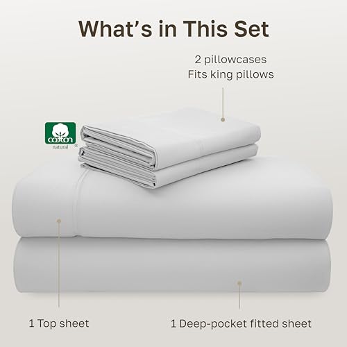 Image of California Design Den King Size Bed Sheets Set - Luxury 600 Thread Count Sateen, Natural 100% Cotton Deep Pocket King Sheet Set, Fully Elasticized, Durable Bedding - Light Silver